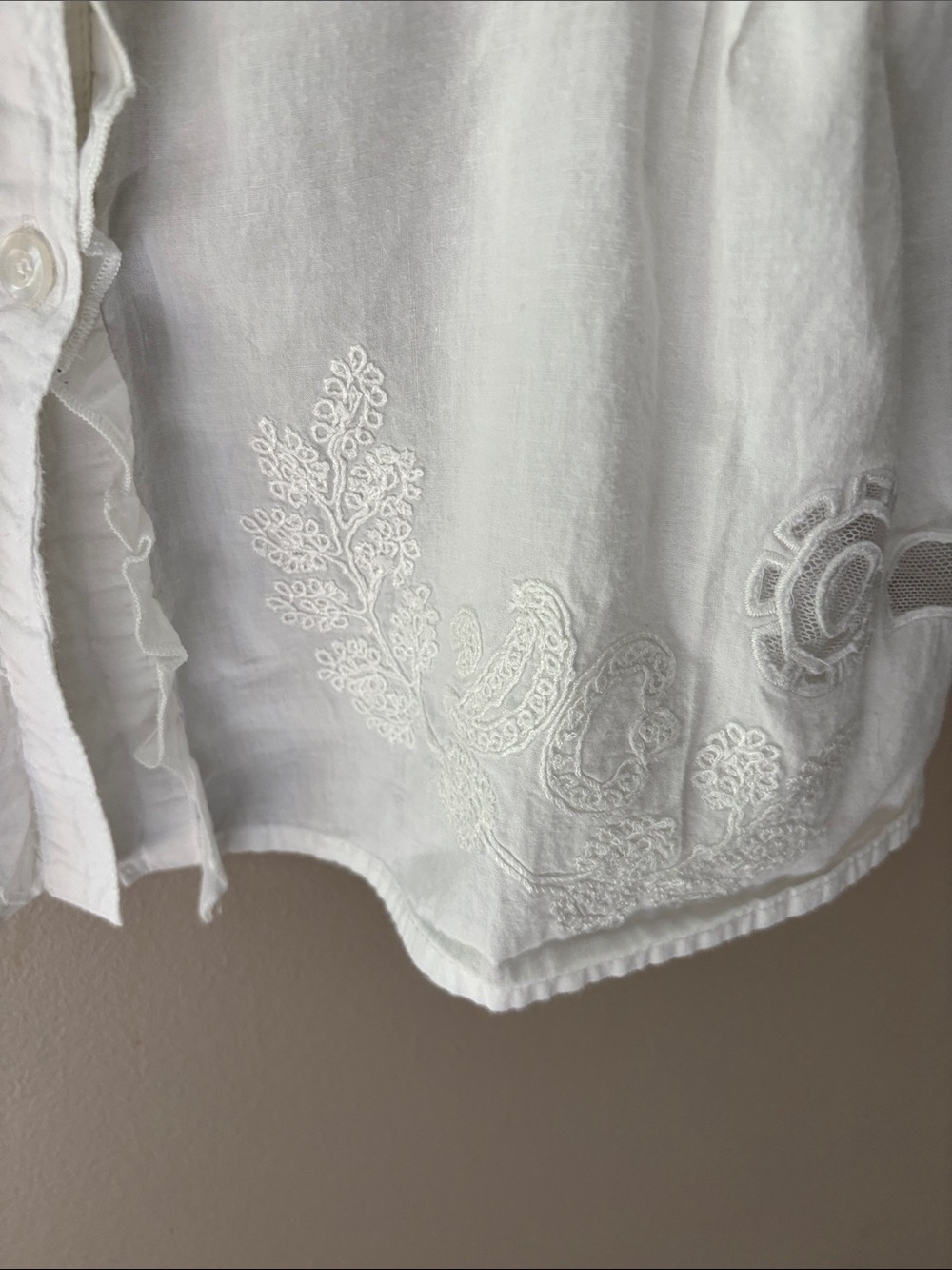 White Lace-Trim Ruffle Button Front Women's Top - Picture 4 of 5